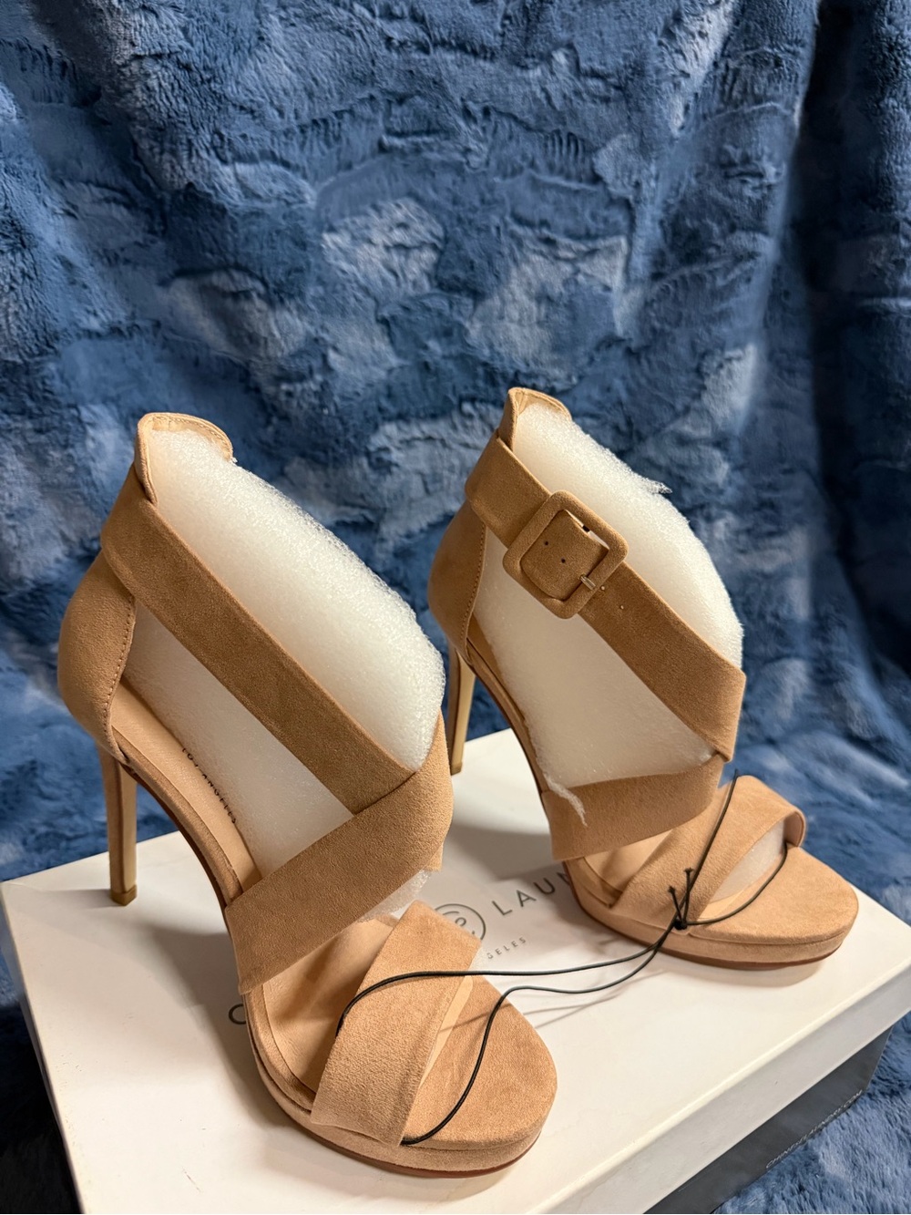 Chinese Laundry Tan Suede Strappy High Heels with Ankle Buckle